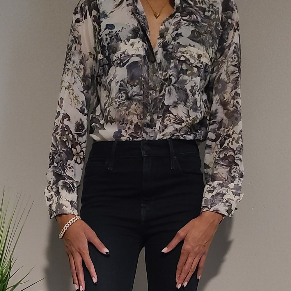 Floral Printed Sleeve Button Up Blouse Shirt Women Size Small Long Sleeve